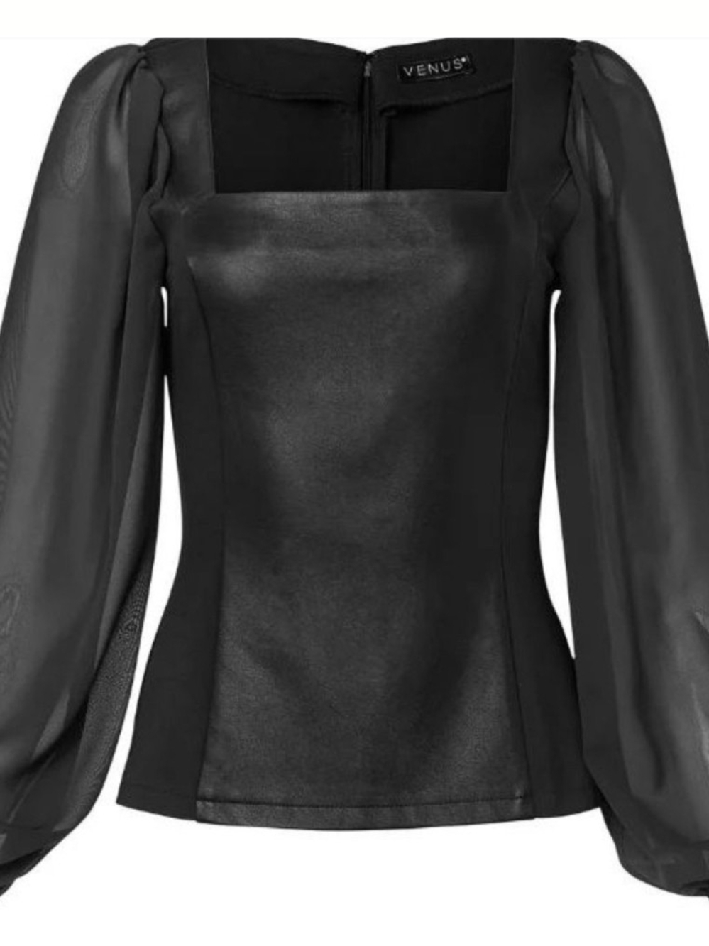 Venus Black faux leather - puff sleeve tops
